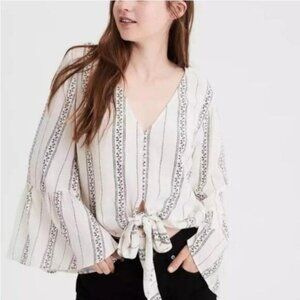 AEO - New Boho Peasant Blouse Tie Front w/ Bell Sleeve Sz XS